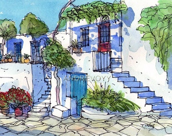 Tinos Square Greece print from an original watercolor painting