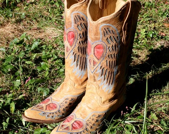 Corral Vintage, Winged, Heart, Inlay Leather, Boots, Cowboy, Corral, Cowgirl, Tan, Red, Blue, Shoes, Angel, Heel, Western, Peace Sign