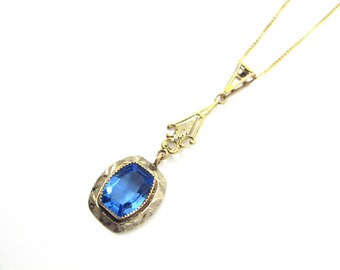 Art Deco 10K Yellow Gold Simulated Sapphire Lavalier/Necklace/Pendant/Antique Wedding Necklace Lavalier/1940's/September Birthstonestone