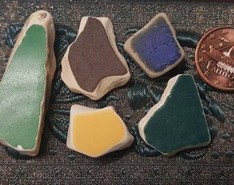 5 Genuine Sea Pottery Shards, Green-Brown-Blue-Yellow-Petrol Blue, Vintage