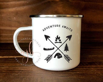 Adventure Awaits Enamel Mug , Adventure Awaits Camping Mug, Camping Mug, Adventure Awaits , Enamel Mug, Camping Life, Camping Mug