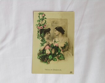 1920 colored French antique "my best wishes" postcard, French vintage postcard, Antique postcard, best wishes postcard, French postcard!