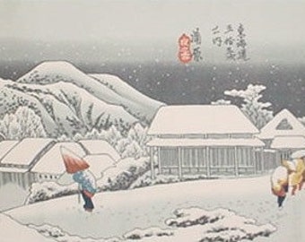 Japanese Fabric Tenugui Hiroshige's 'Night Snow at Kanba' Cotton w/Free Insured Shipping