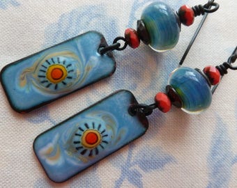 You Are My Sunshine, Boho Enamelled Copper Earrings, Funky Jewelry, Sky Blue Earrings, MoltenMagpie, 5FishDesigns, Northernblooms