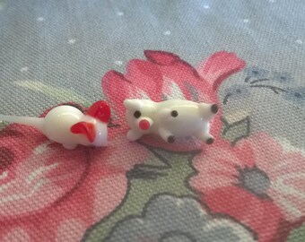 Vintage Set Of Two Handblown Glass Mice Miniatures