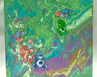 Fluid Art Canvas - Care Bears in the Clouds