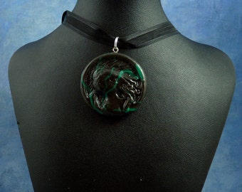 Jade Marble Cthulhu Cameo Necklace, Handmade Polymer Clay Jewelry