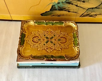 Vintage Rectangular Gold and Green Florentine Serving Tray, Drinks Tray, Bar Tray