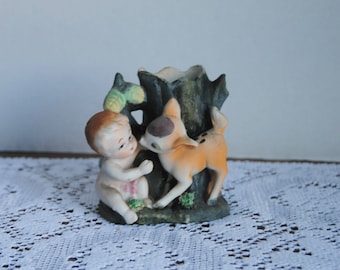 Vintage Small Vase Hand Painted Cherub and Fawn Made in Japan