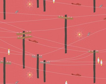 Sketchbook Red Telephone Wires Birds Andover Fabric 1 yard