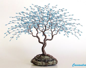 Blue Wire Tree Beaded Bonsai Sculpture 7.5" - MADE TO ORDER Custom