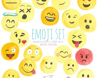 Watercolor Clip Art Emoji Set, Smart Phone, Emotions, Smiley Face, Sad, Mad, Angry, Winking, Silly, Emotional, Stickers, Heart Eyes, Love