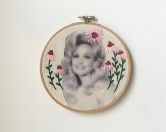 Embroidered Dolly Parton Hoop Pink Daisies