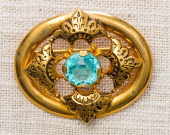 Gold & Aqua Blue Vintage Oval Brooch Broach Vtg Pin 7ii