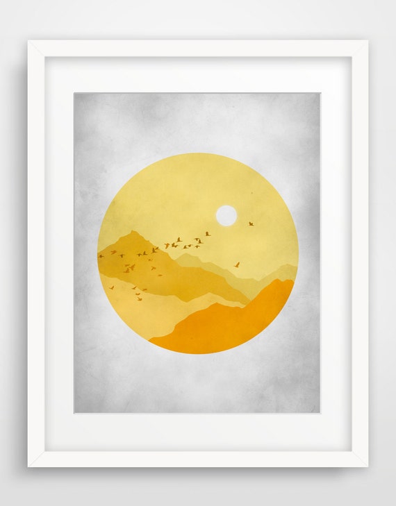 Yellow and Grey Large Wall Art Nature Art Midcentury Poster