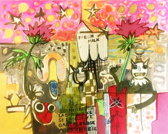 FreshMilk-Original acrylic painting, contemporary art, Pop Art, 50 x 64 cm, paper