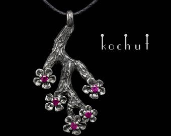 Silver ruby pendant, ruby necklace, red ruby pendant. Real ruby necklace "Sakura" from Kochut.