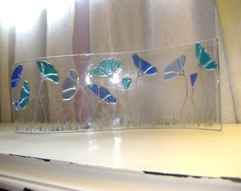 Stained Glass Blue and Turquoise Floral Fused Glass Freestanding Art