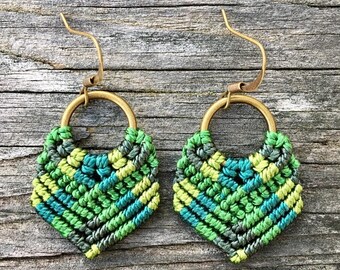 SALE Micro-Macrame Dangle Earrings - Green Mix