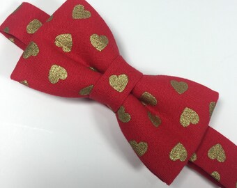 Valentine's day Bow tie. Red bowtie with gold hearts.