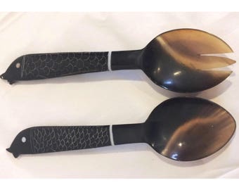 Vintage Carved Animal Horn and Mother of Pearl Salad Serving Set