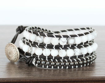 White Wrap Bracelet • Layered Wrap Bracelet • Boho Wrap Bracelet Leather • Triple Wrap Bracelet • Gemstone & Leather Wrap Bracelet • 3XWH007