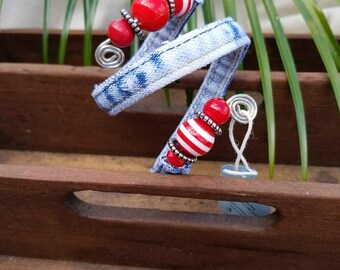 Small Recycled Denim Bracelet Made From Inseam of Blue Jeans Adorned with Red Beads