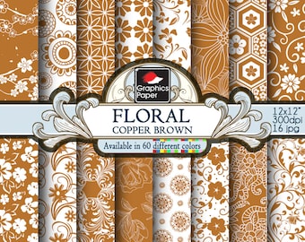 Copper Brown Flowers Digital Paper, Copper Brown Floral Paper - White and Brown Patterns for Downloadable Printable Scrapbook Layouts