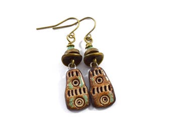 Handmade Brown Stoneware Earrings, Ceramic Earrings, Boho Earrings, Brown and Tan Earrings, Brass Earrings, Artisan Earrings, OOAK, AE154