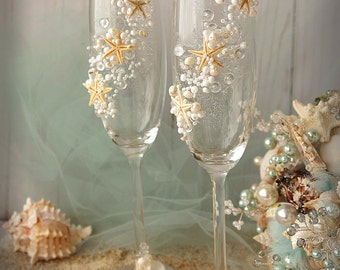 Beach Wedding Champagne Flutes Wedding Champagne Glasses Wedding Toasting Flutes Set of 2