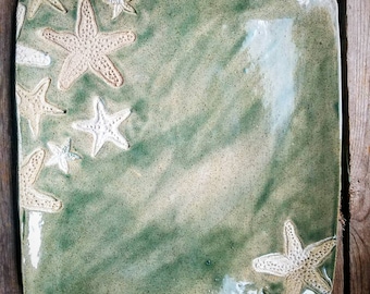 Handmade square starfish serving platter or decorative tray. Pottery dishware. Green marble glazed plate.