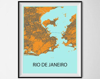 Rio de Janeiro Map Poster Print - Orange and Blue