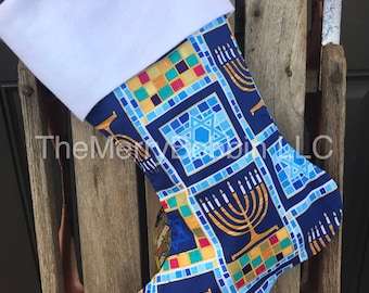 Hanukkah Stocking, Chanukah Stocking, Menorah and Star of David Stocking, Holiday Stocking