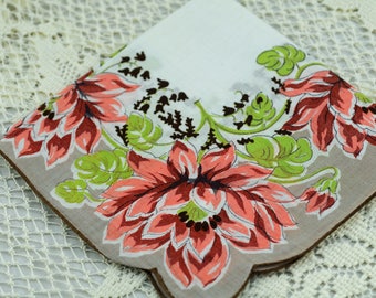 Vintage Brown, Tan, and Peach Floral Hankie #S-23