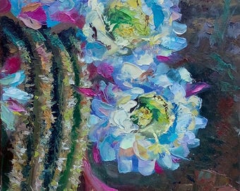 Picture Floral Fine Art Original Oil Painting- Cacti Flowers Home Decor