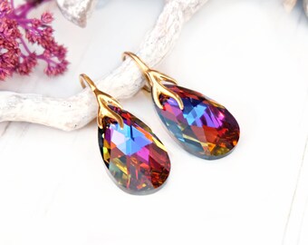 Rainbow crystal earrings Purple red Swarovski crystal earrings Purple red teardrop earrings Rainbow gold dangle earring Rose gold earrings 5
