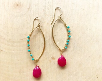 Pink Chalcedony and Turquoise Drop Earrings