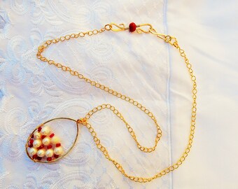 Handmade~Hand Forged statement Necklace~Freshwater pearls and semi-precious stone Ruby and Earrings