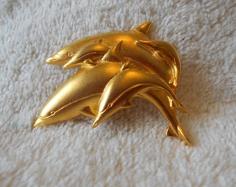 Mali signed dolphin pin, gold tone 5 dolphin brooch