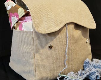 Knitting Bag, Project Organizer, crochet tote, Yarn Dispenser, Yarn Storage, Women's handbag, corduroy, knitting, gray bag, knit organizer