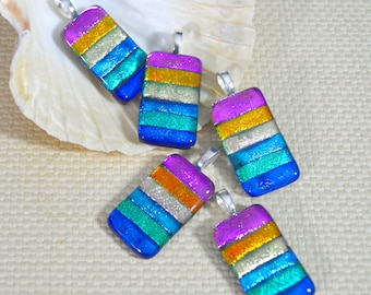Rainbow Stripes Dichroic Glass Pendant - Large Silver Plated Bail Fitting . Mixed Colour Metallic Finishes 48 x 20mm - Gift Boxed