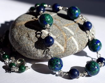 Malachite and Lapis Necklace, Sterling Silver Wire Wrapped Necklace, Blue Green Necklace, Stone Bead Necklace, Green Stone Wire Wrapped Bead