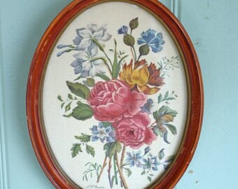 Sale Shabby Floral Print Framed Roubillac Bouquet Gesso on Wood Frame Cottage Decor