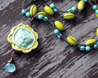 Unlisted - Owl Penadant Necklace - Green and Turquoise Necklace - Ceramic Jewelry - Boho - Bohemian Necklace - Bead Soup Jewelry