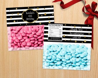 Personalized Black and White Stripes Bag Topper Ziploc Toppers Gold Dots Gold Accent Adult Teen Birthday Party Printable DIY - Digital File