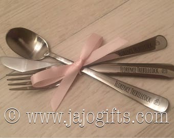 Personalised stainless steel cutlery set knife fork and spoon perfect for christening or new baby gift