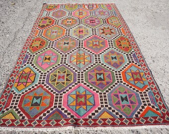 Vintage Bohemian Turkish Kilim Rug,Hand Made Turkish Rug,Kilim,Carpet Rug ,Turkish Kilim Rug, 68,5" x 116,5" inches- 174 x 296 cm