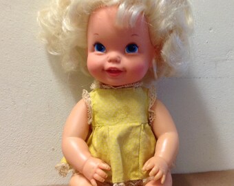 1968 Bouncing Baby Doll Go Bye Bye vintage Mattel wobblehead 11" yellow dress & panties set big blonde wavy hair blue eyes 1960's girl toy