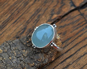 Natural Aquamarine Gemstone Ring, Aquamarine Cab Ring, 925 Sterling Silver Ring, Yellow Gold Ring, March Birthstone Gift Ring, Bezel Ring