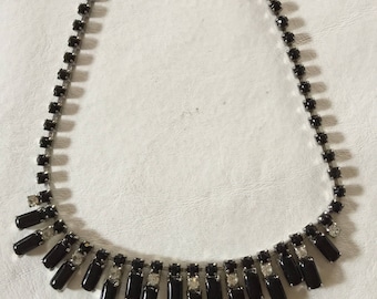 Onyx and Rhinestone on Silver Necklace